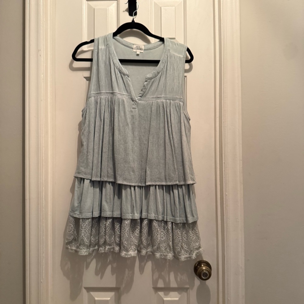 Ava James L Light Blue Empire V-Neck Cottagecore Feminine Top - Picture 2 of 7